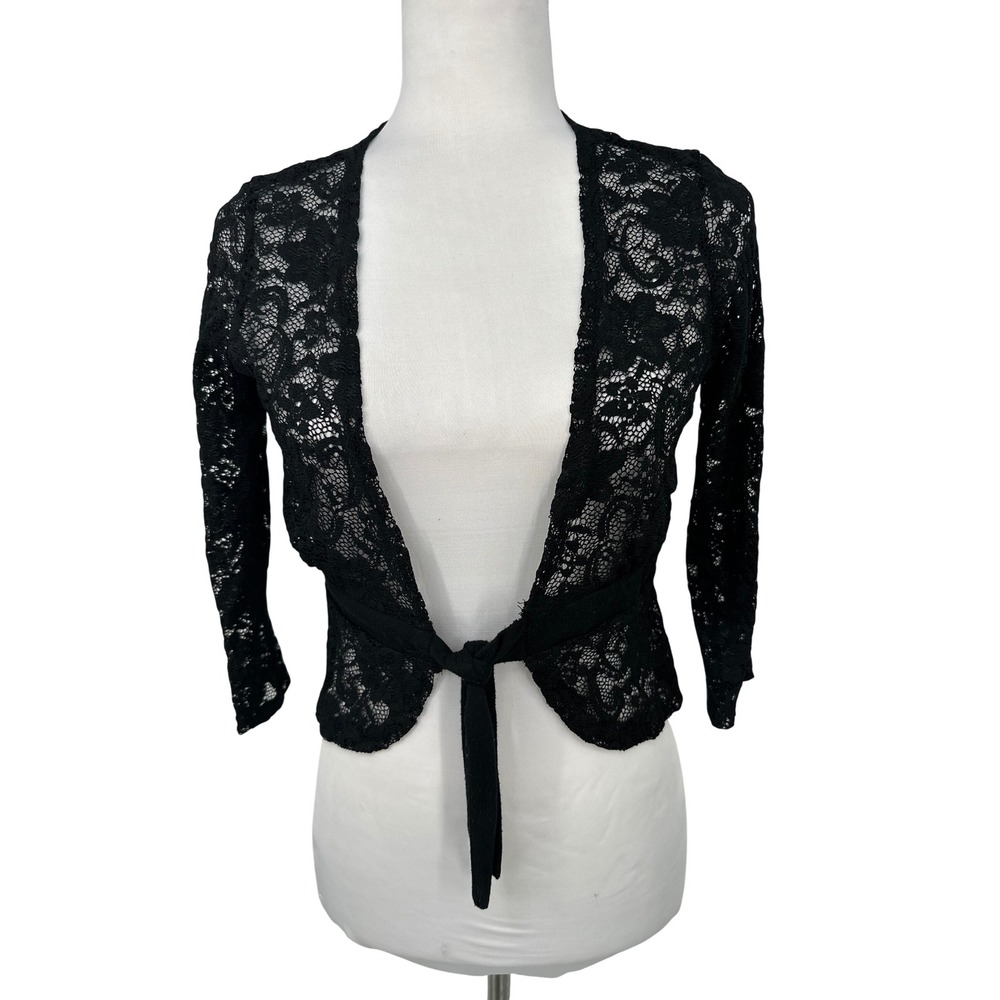 Vtg Fashion Bug Womens M Black Sheer Lace Tie Front Shrug Bolero Y2K Whimsygoth